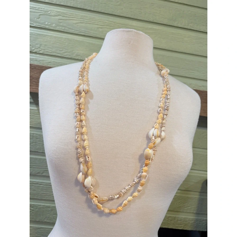 Cowrie Sea Shell Necklace Set 34 Inch‎ Beach Boho Two Strands Cream Brown Tones